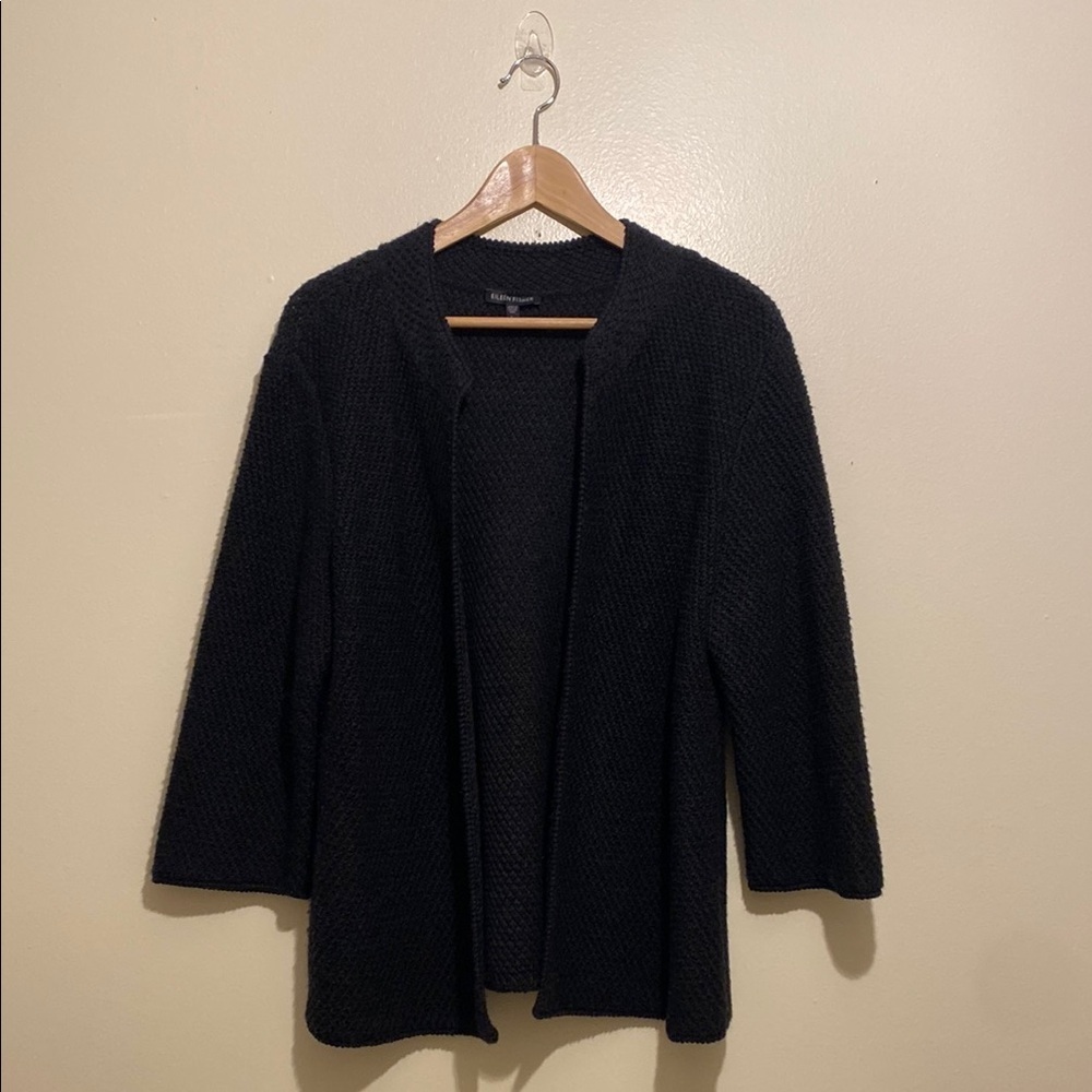 Eileen Fisher Merino Wool Textured Black Knit Open Cardigan. Size L